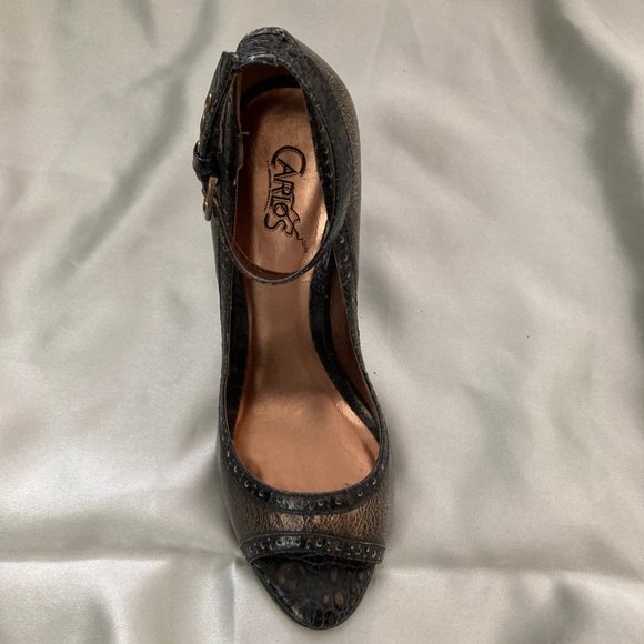 Carlos Santana Black Brass Ankle Strap Leather Peep Toe Pumps Size 6 - Picture 6 of 16
